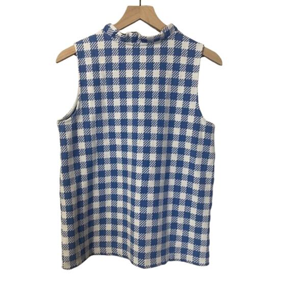 Ann Taylor Plaid Ruffle Neck Button Shell Top White Blue Checkered Sz M - Picture 9 of 10